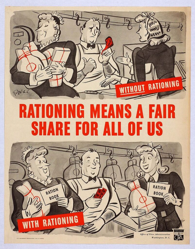 A World War II-era poster promotes rationing to ensure fair distribution of meat.
