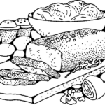 A drawing of meatloaf, onions, eggs, salt and pepper shakers, and a bowl of ground beef mixture