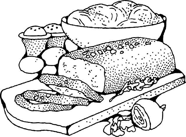 A drawing of meatloaf, onions, eggs, salt and pepper shakers, and a bowl of ground beef mixture