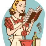 A 1950s housewife looks at a recipe while cooking