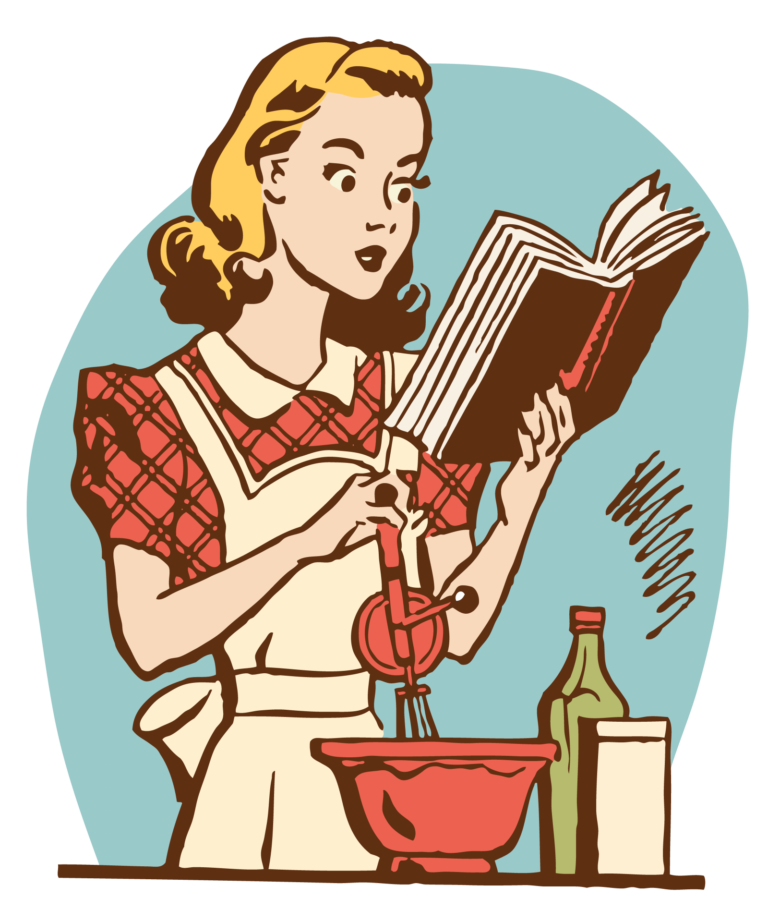 A 1950s housewife looks at a recipe while cooking